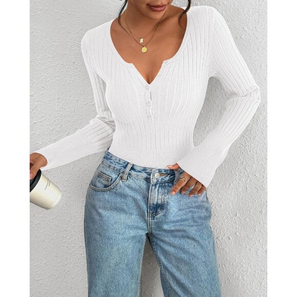 Women Fall Sweaters Henley Shirts V Neck Long Sleeve Knits Casual Office - Picture 4 of 8